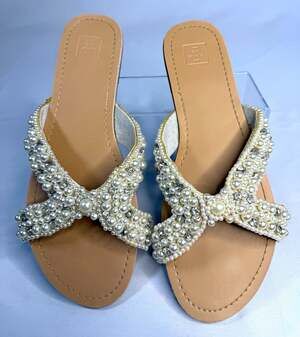 DB Studio Women's Beige Synthetic Slide Sandals Beaded Straps Slip-On US 10